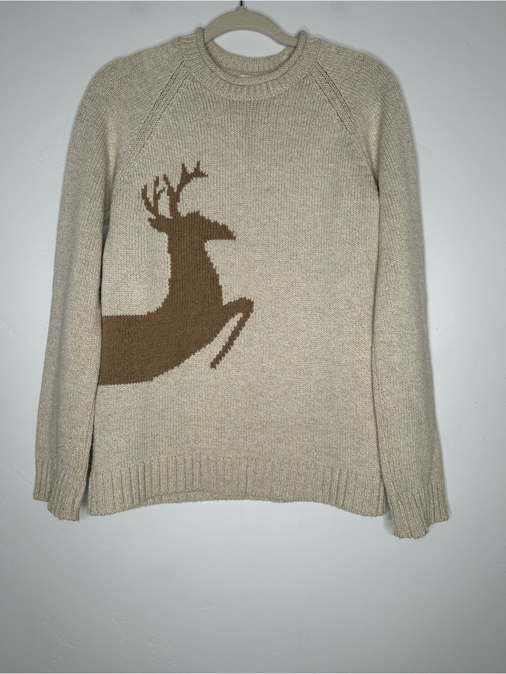 Coldwater Creek Beige Cotton Blend Crewneck Sweater Brown Deer Motif Size Small